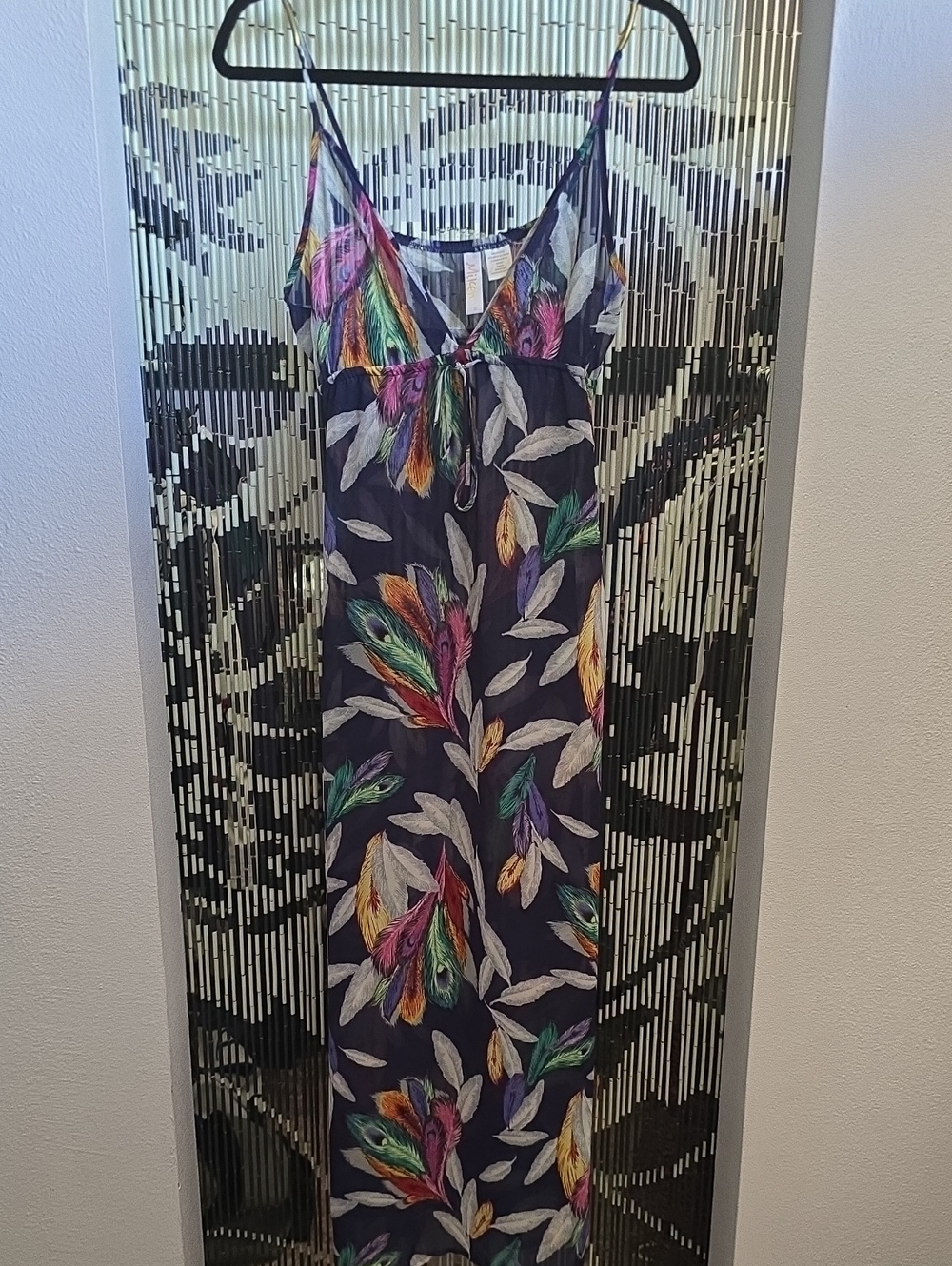 Miken Sheer Navy Maxi Dress with Multicolor Feather Print Cover Up
